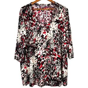 Susan Graver Size 2X Leopard Print V Neck Tunic Top Liquid Knit Stretchy Maximal